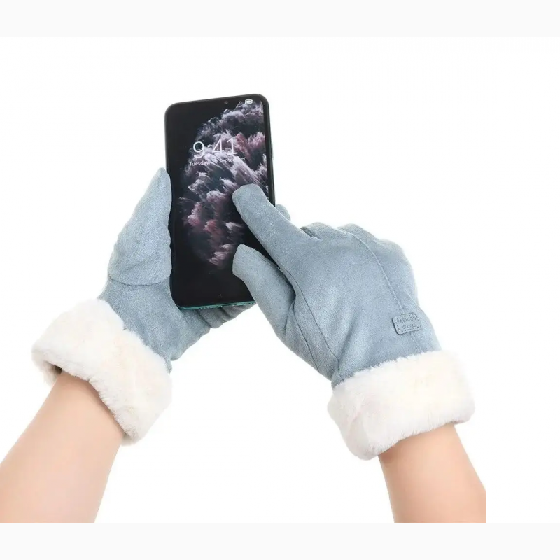Фото 4. Женские перчатки зимние сенсорные теплые штучная замша с мехом (серые)